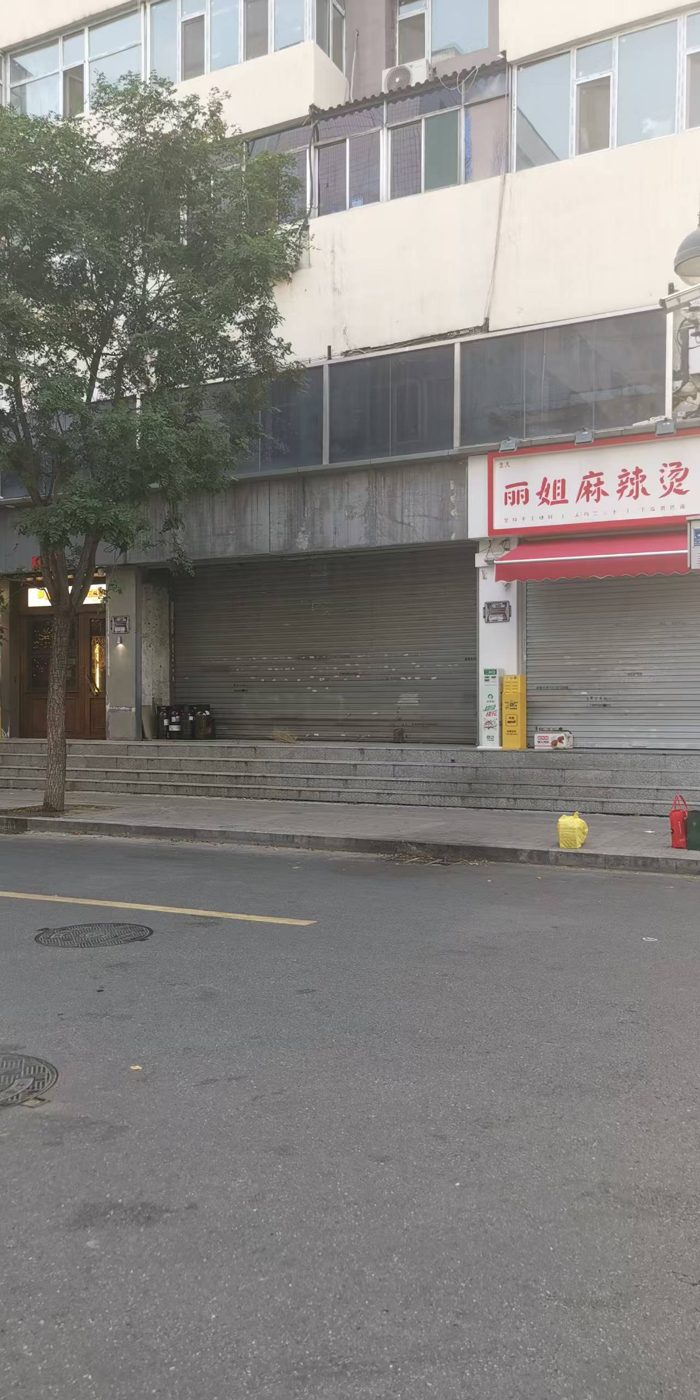 门面近景：台阶、垃圾桶与树冠